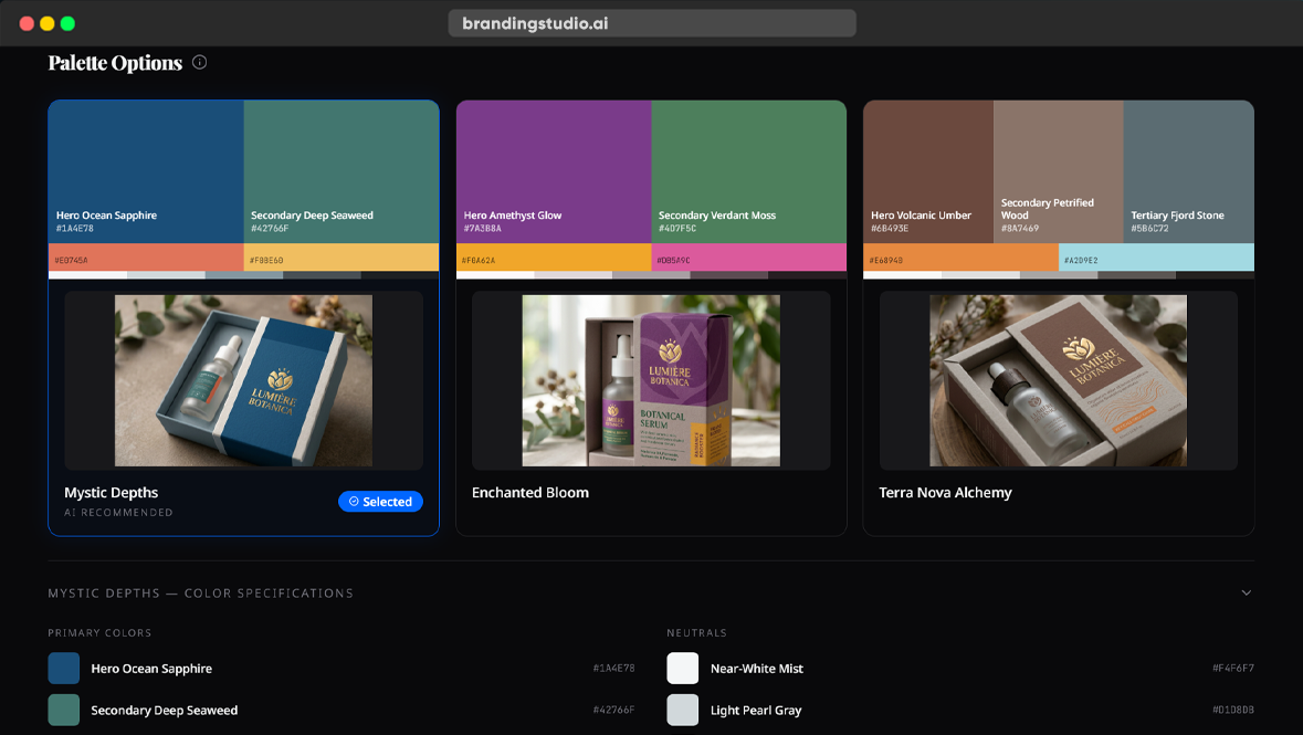 BrandingStudio.ai color system interface showing palette generation