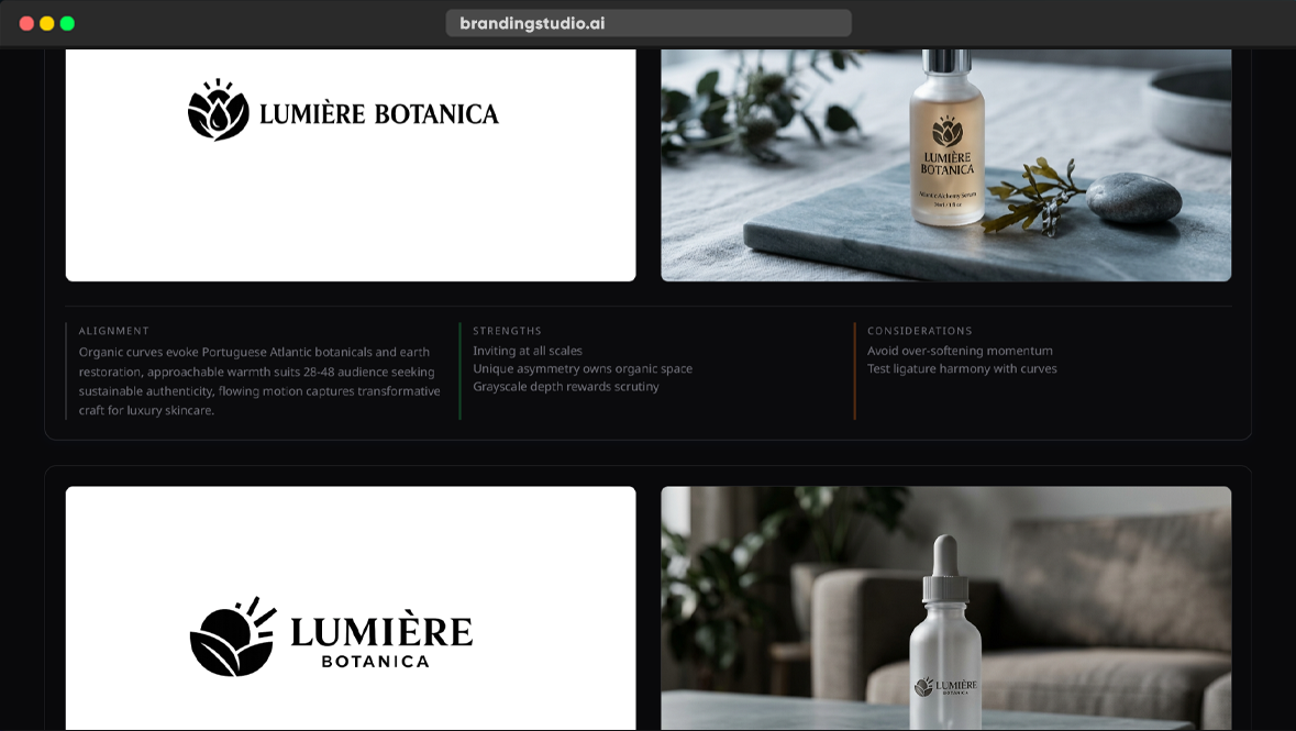 BrandingStudio.ai logo concepts interface